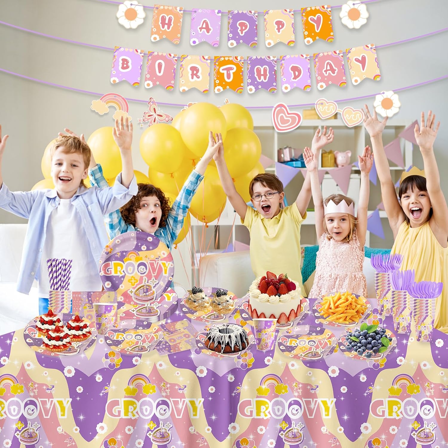 202 Pcs Groovy Party Decorations with Plates Napkins Tablecloth Banner