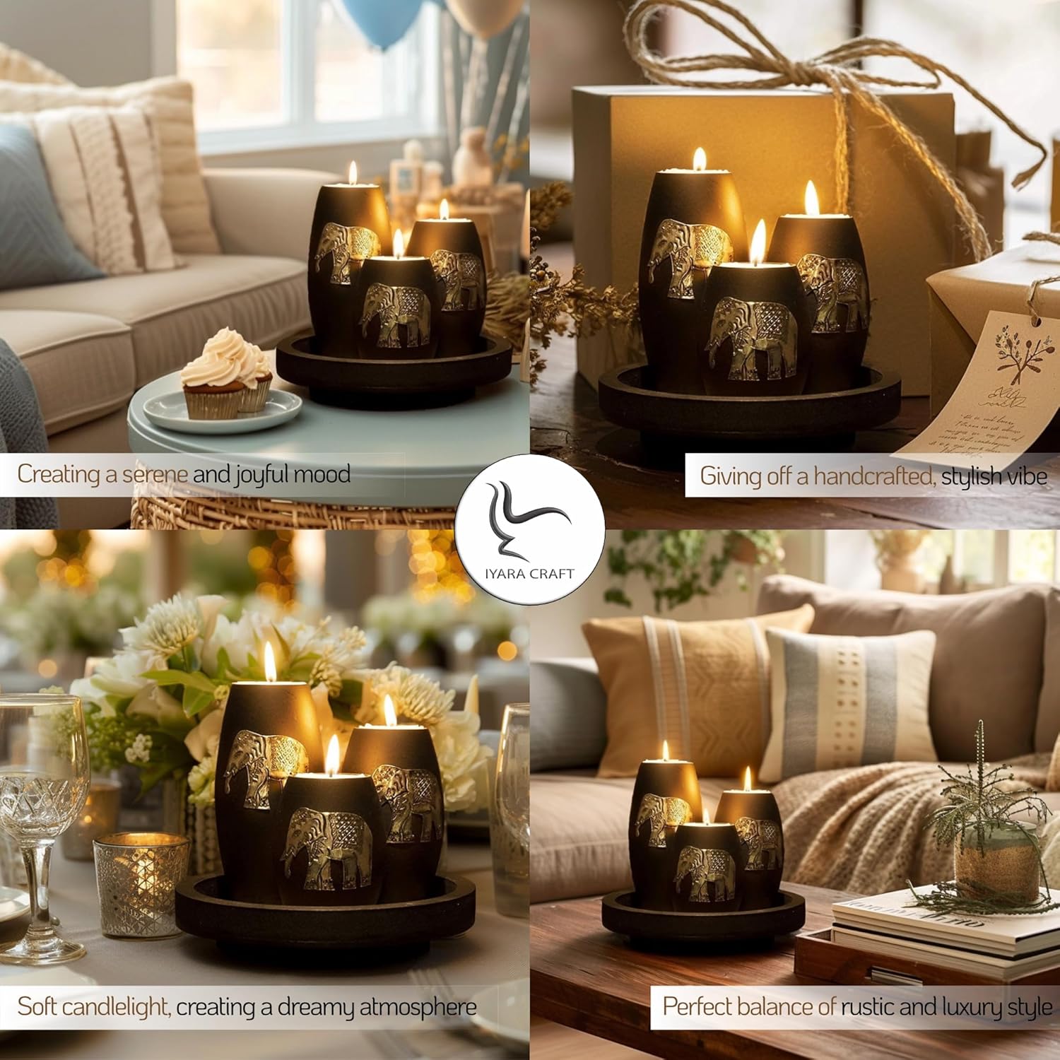 Iyara Craft Elephant Tealight Candle Holder Set 3