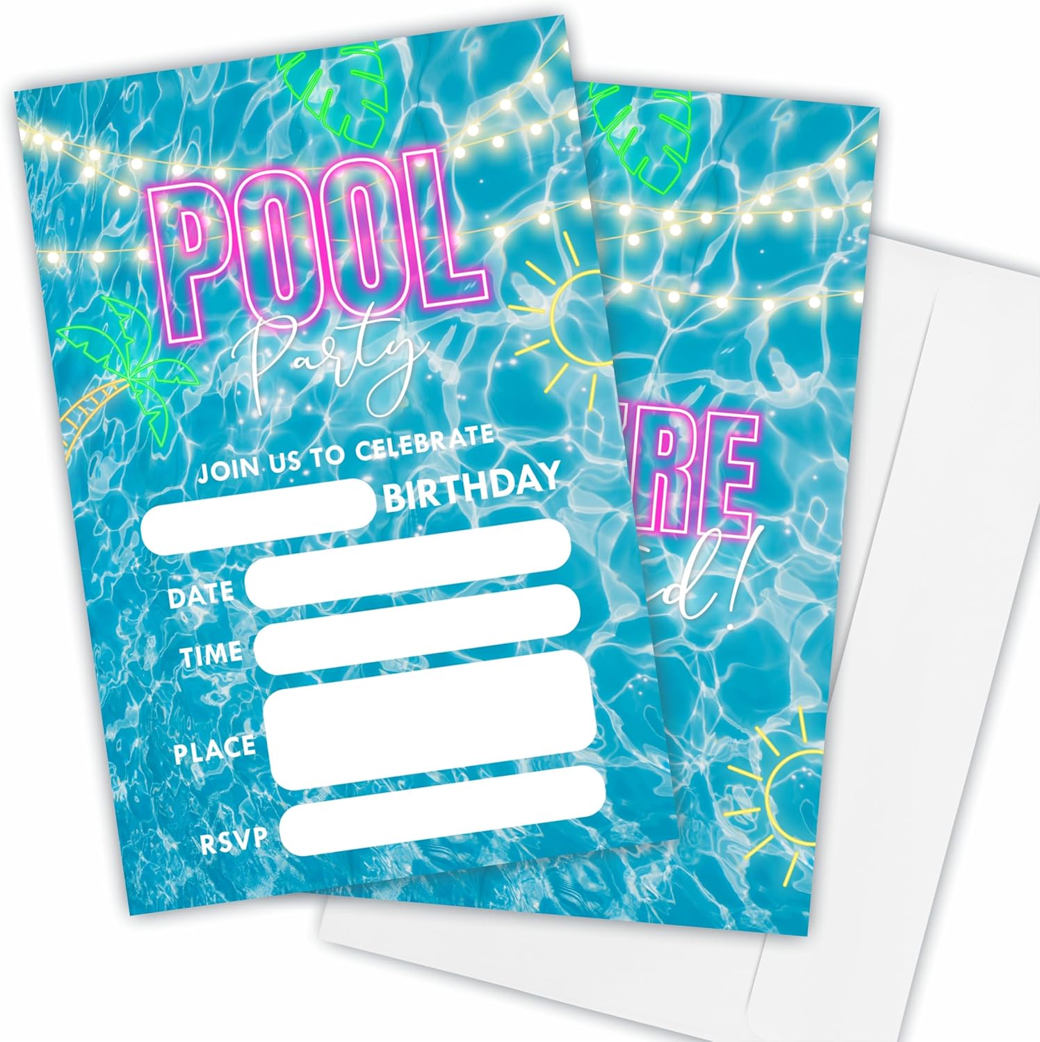 Pool Party Birthday Invitations 4x6 Glow Neon Water Double Sided