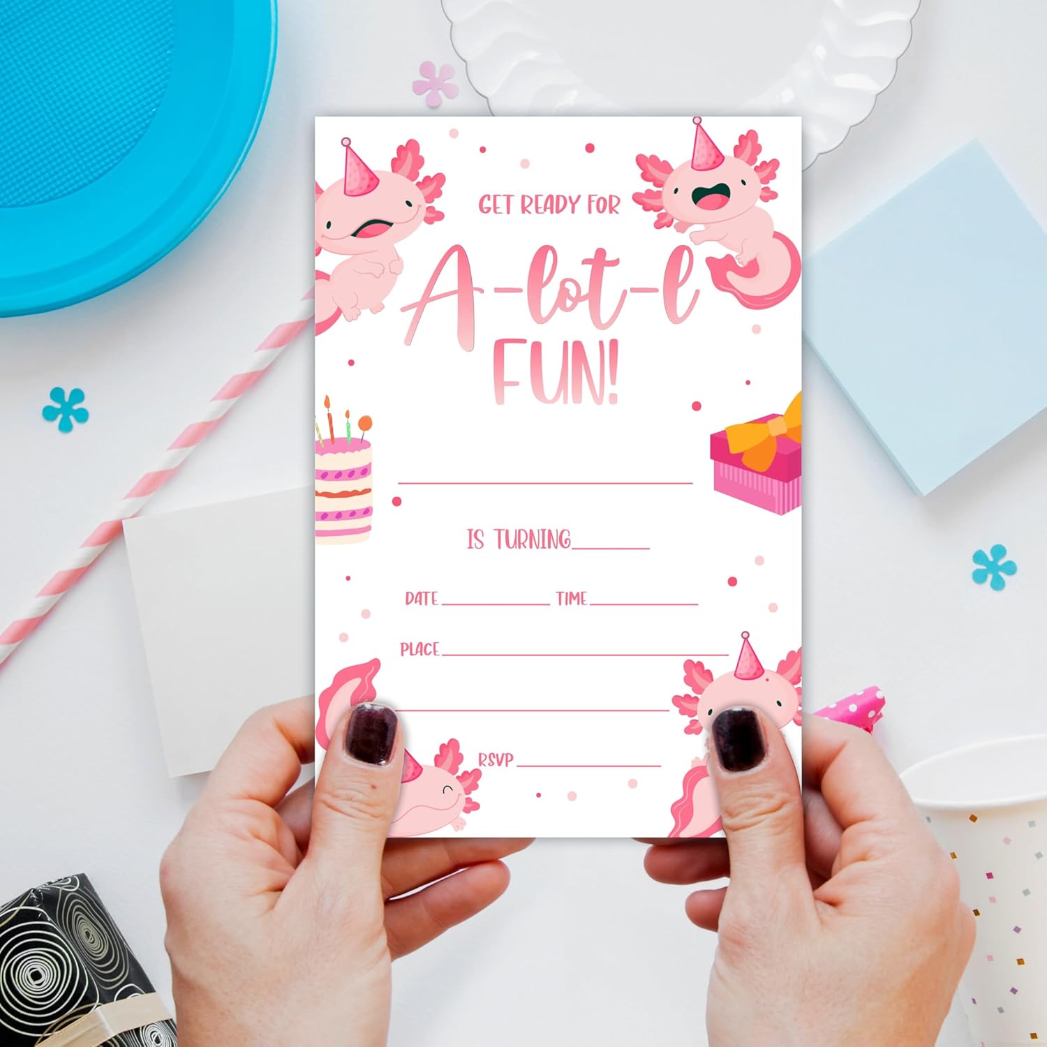 Axolotl Birthday Invites With Envelopes - 20 Sets