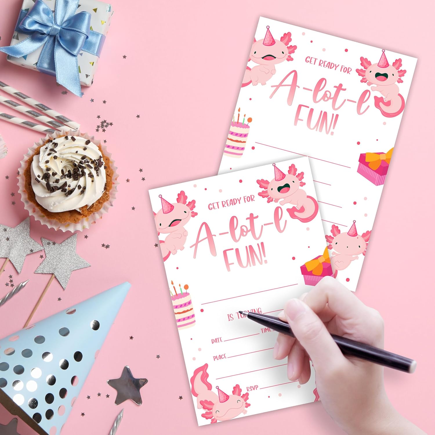 Axolotl Birthday Invites With Envelopes - 20 Sets