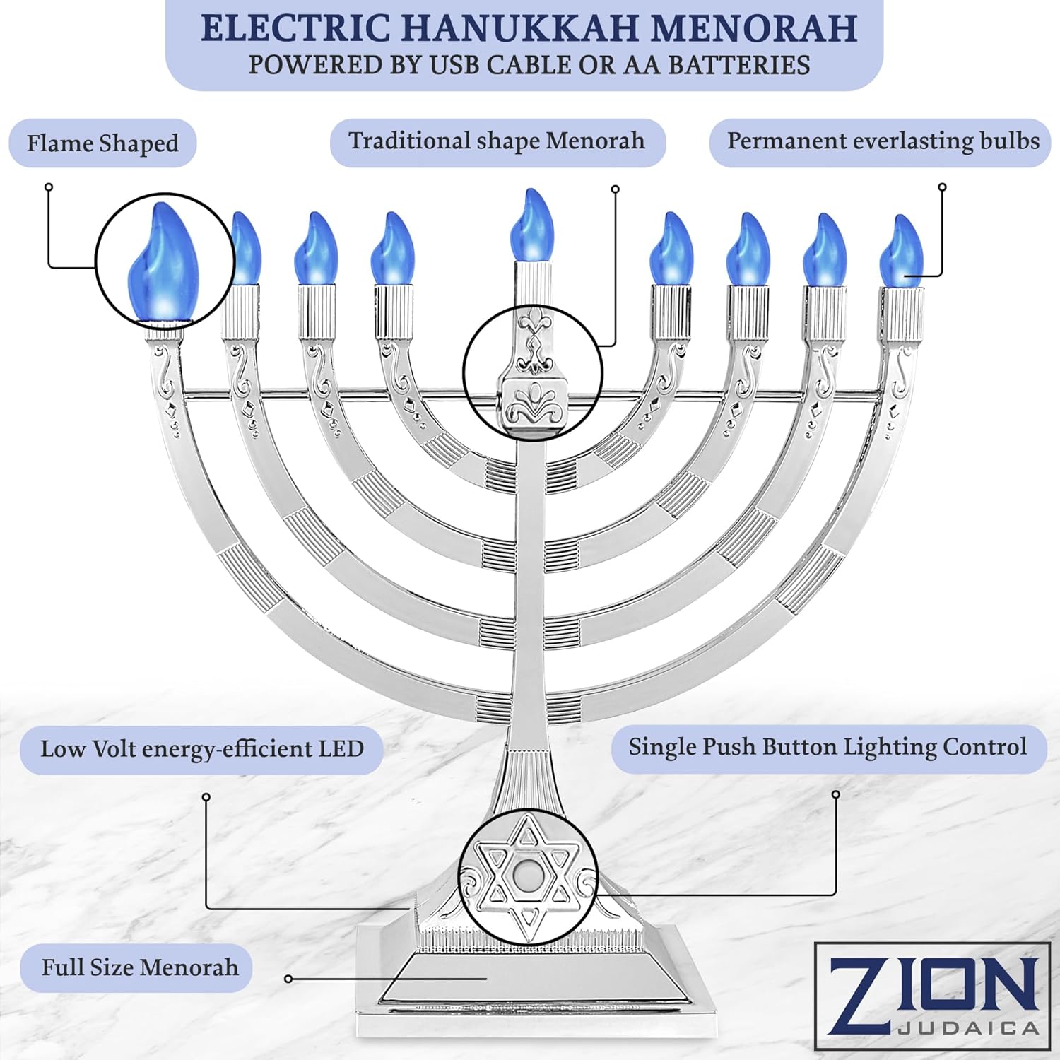 Zion Judaica 12 Inch Chanukah Menorah LED USB Powered
