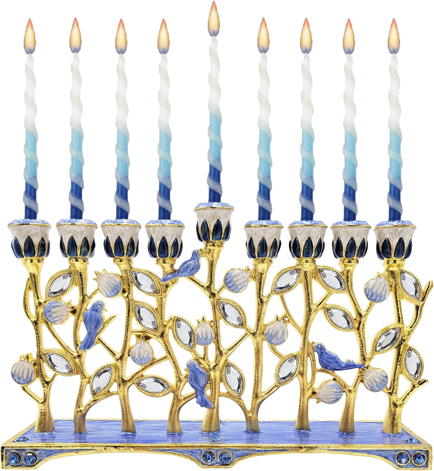 The Dreidel Company Hanukkah Menorah with Pomegranate and Blue Bird Design