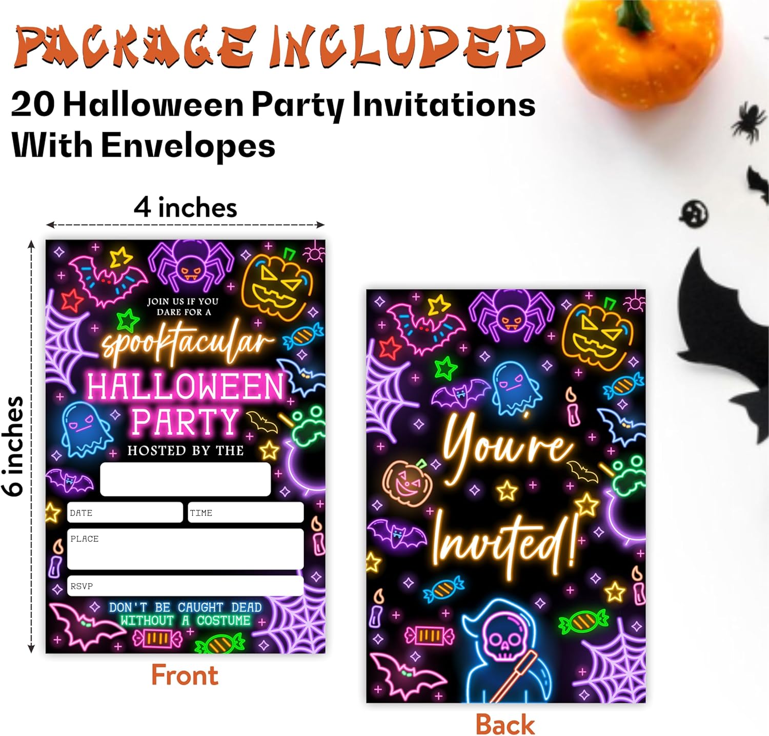 EXW Halloween Party Invitations With Envelopes - Glow Neon Spooktacular