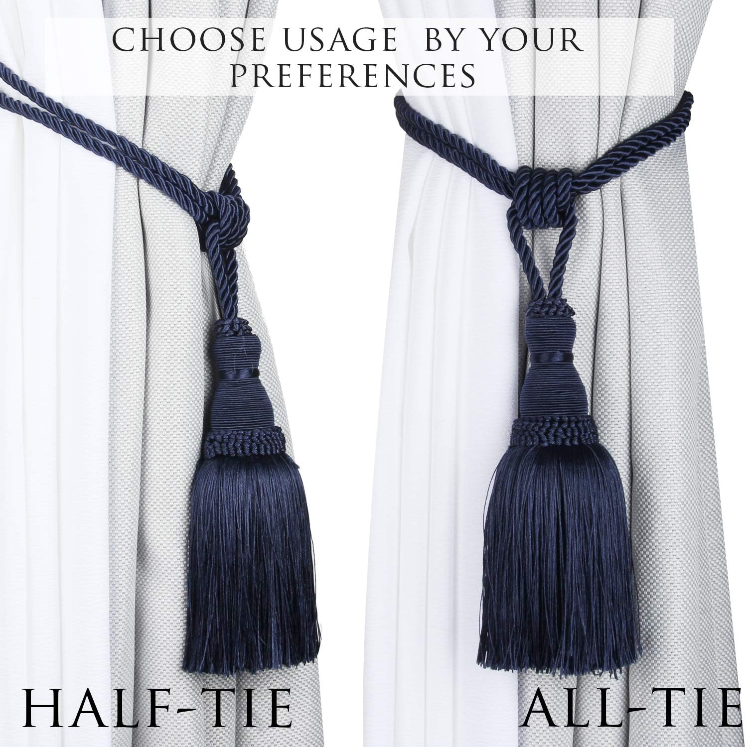 BEL AVENIR 2 Pack Navy Curtain Tiebacks with Tassels