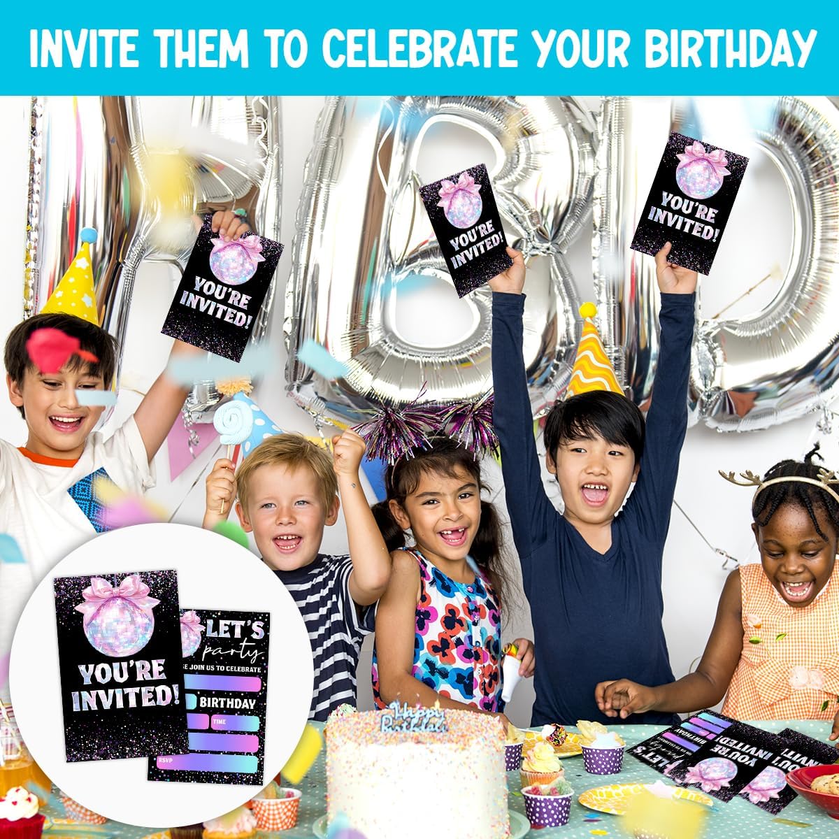 Glitter Disco Birthday Party Invitations with Pink Bow Design