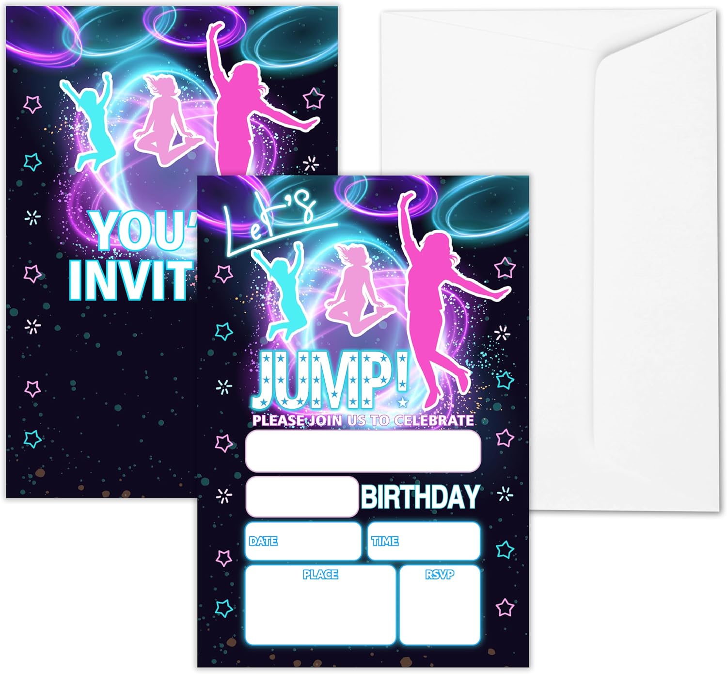 Neon Glow Jump Birthday Invitations With Envelopes