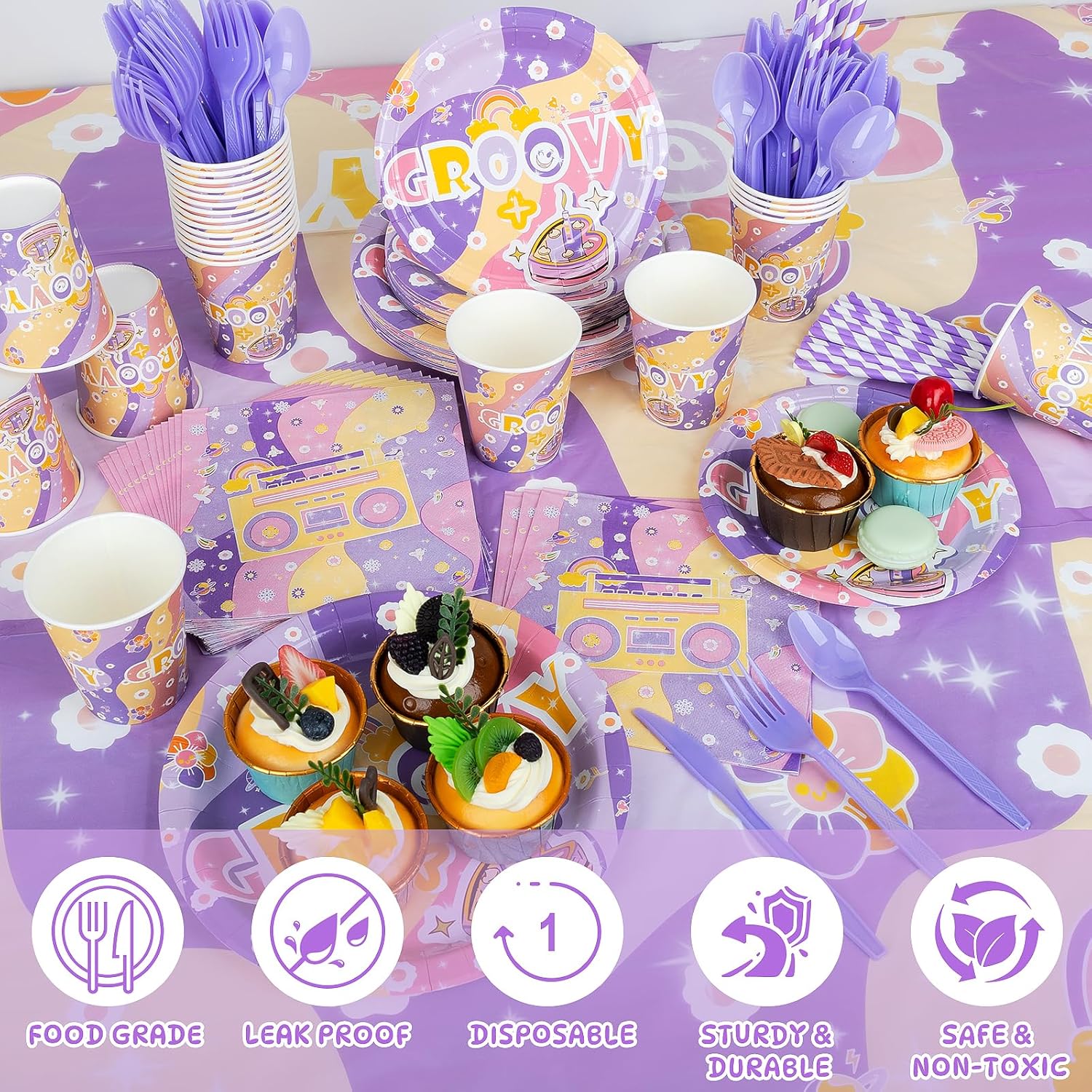 202 Pcs Groovy Party Decorations with Plates Napkins Tablecloth Banner