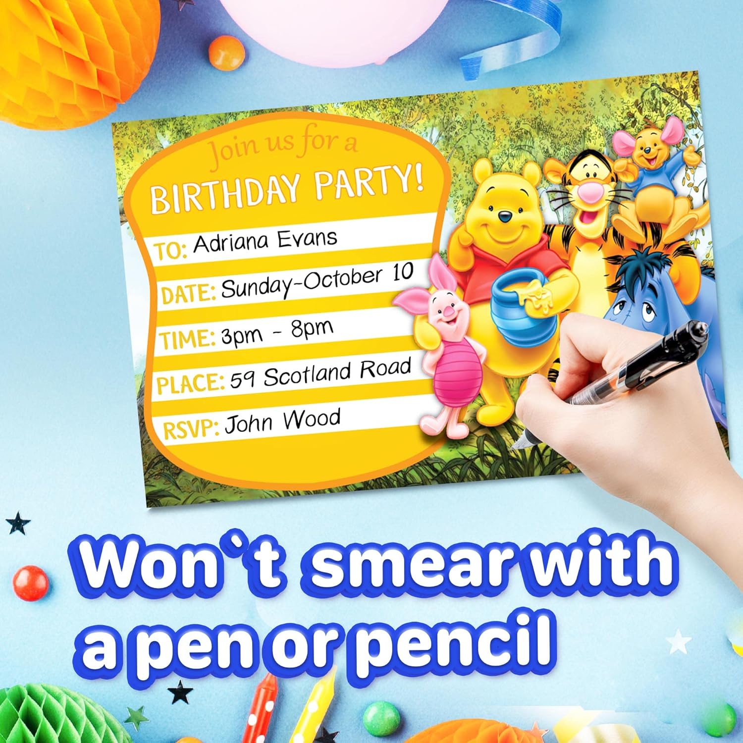 Set of 20 Honey Bear Birthday Invitations with Envelopes