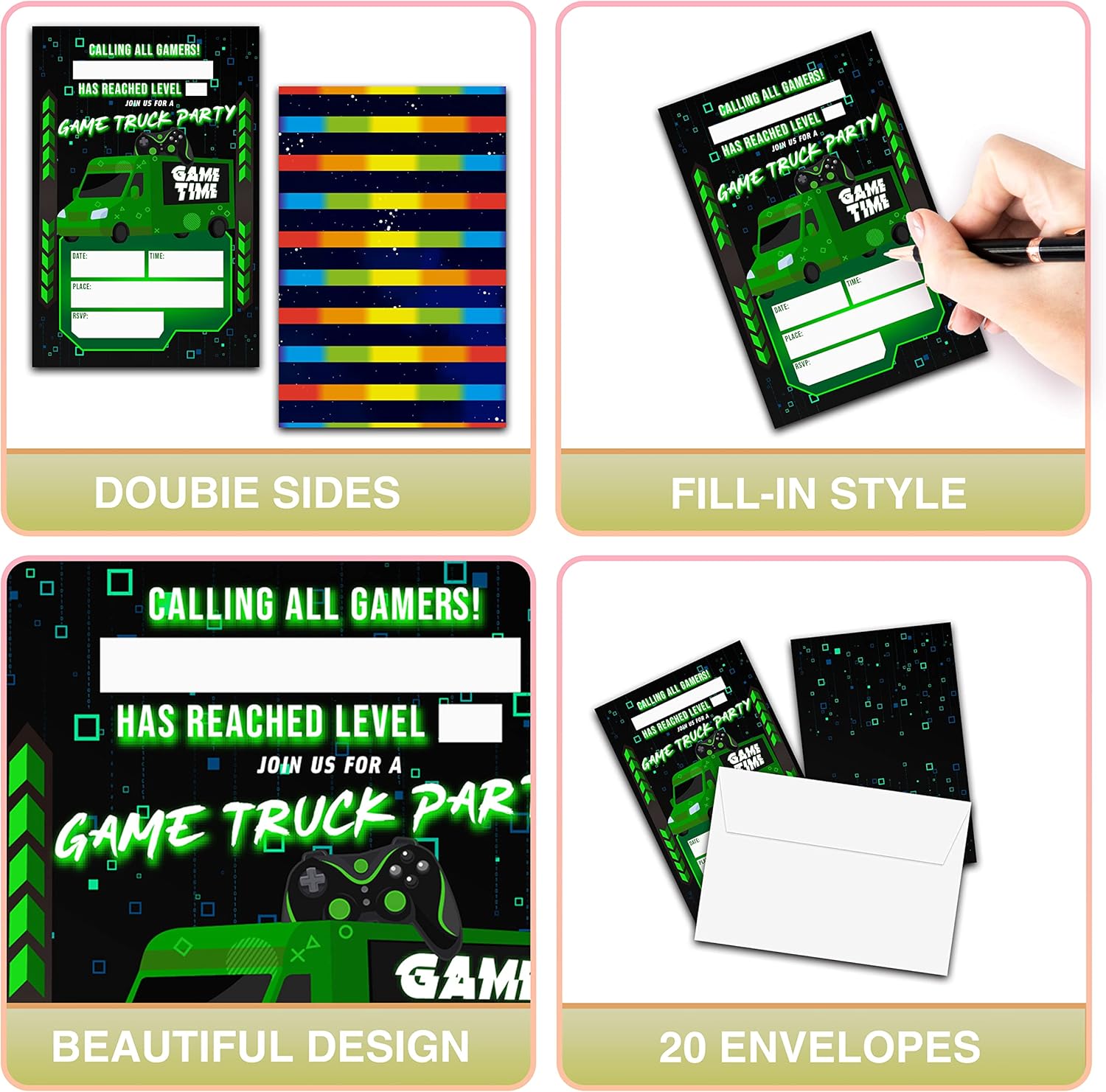 Neon Glow Gaming Birthday Invites - 20 Pack