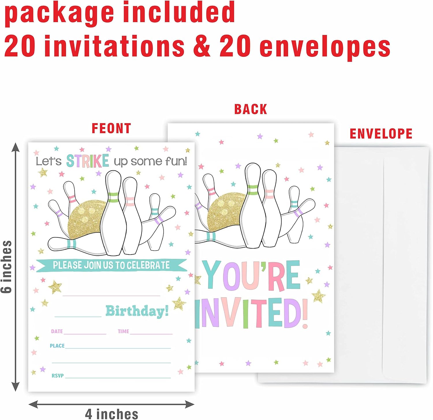 Bowling Party Invitation Cards Set 20 With Envelopes