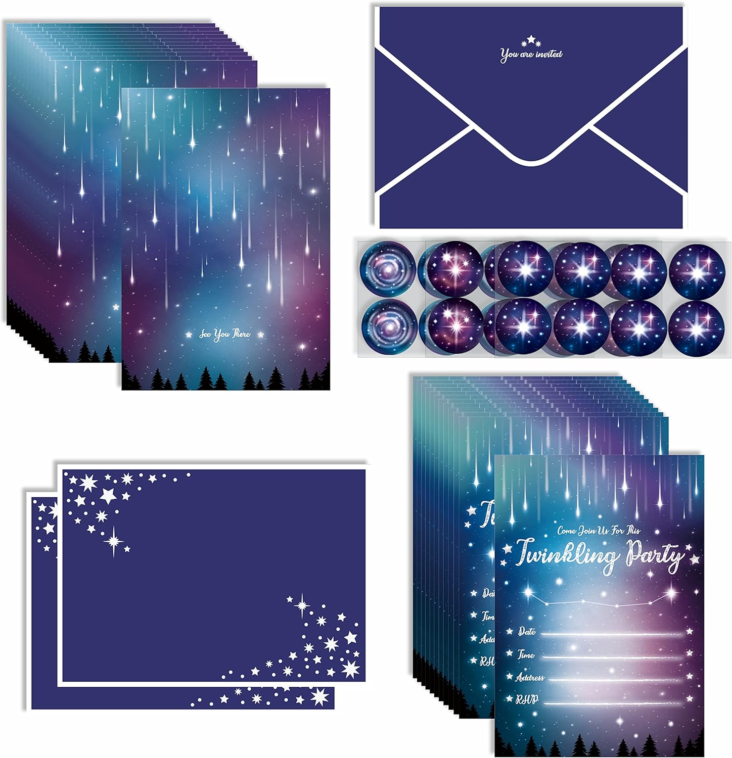 Aurora Borealis Birthday Party Invitations with Starry Envelopes