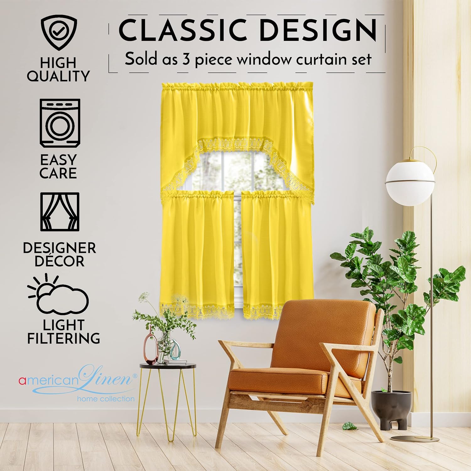 American Linen Caf Curtains with Valance and Embroidered Border