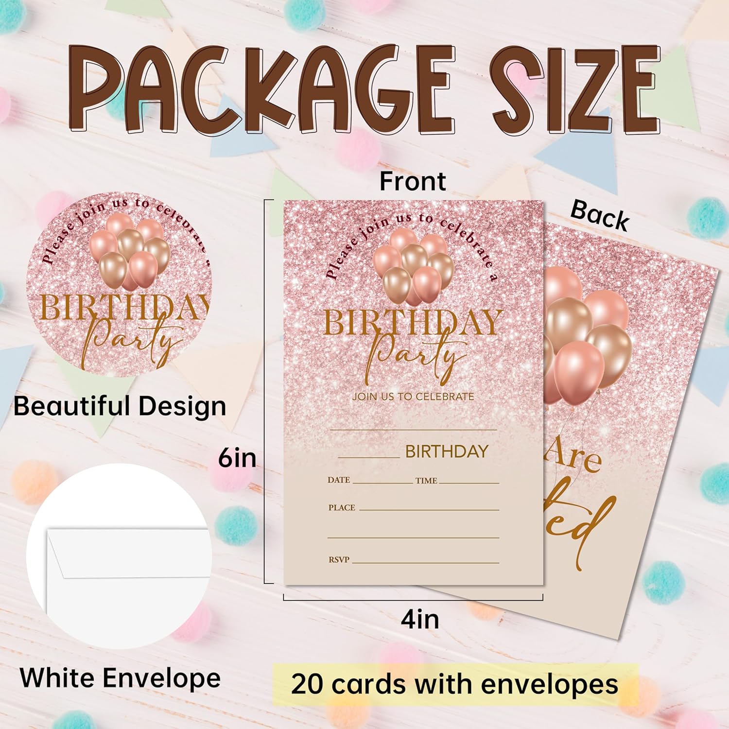 Pink Glitter Birthday Invites Cards with Envelopes - 20PCS
