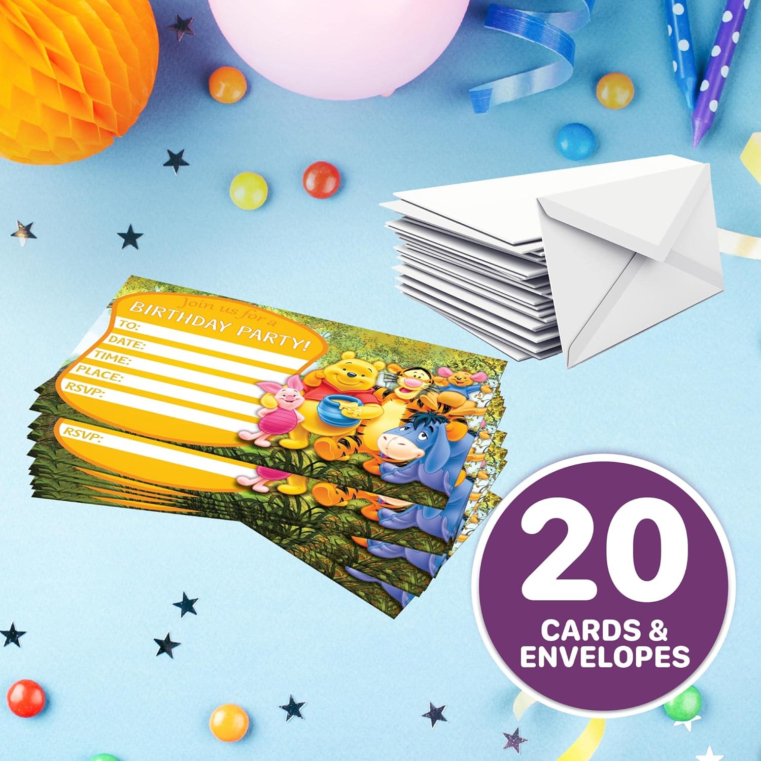 Set of 20 Honey Bear Birthday Invitations with Envelopes