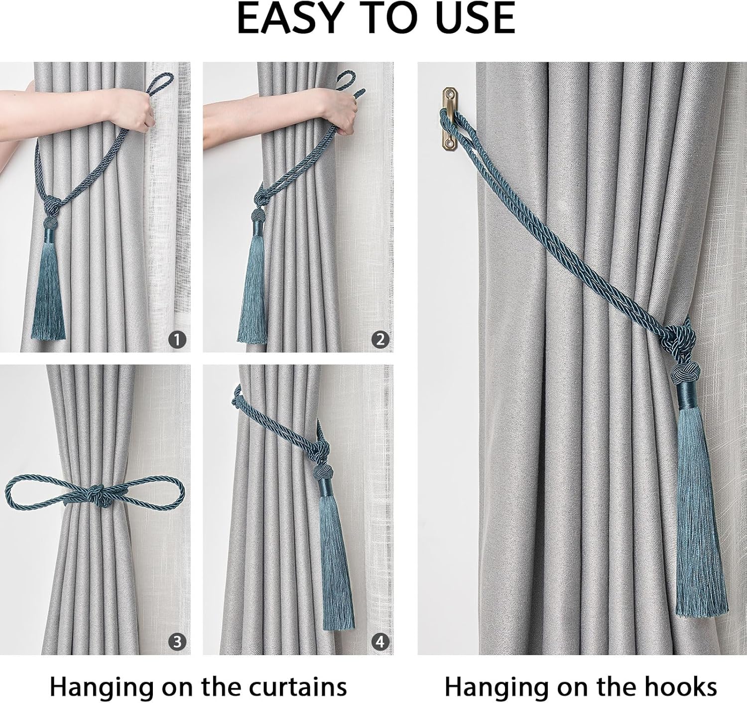 NICEEC 4 Pack Teal Curtain Tiebacks with Tassels