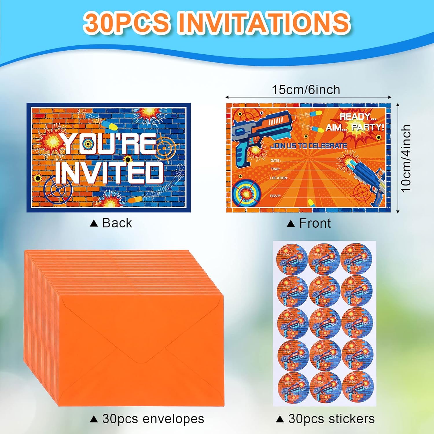 30 Pcs Dart Party Invitations with Gun Stickers