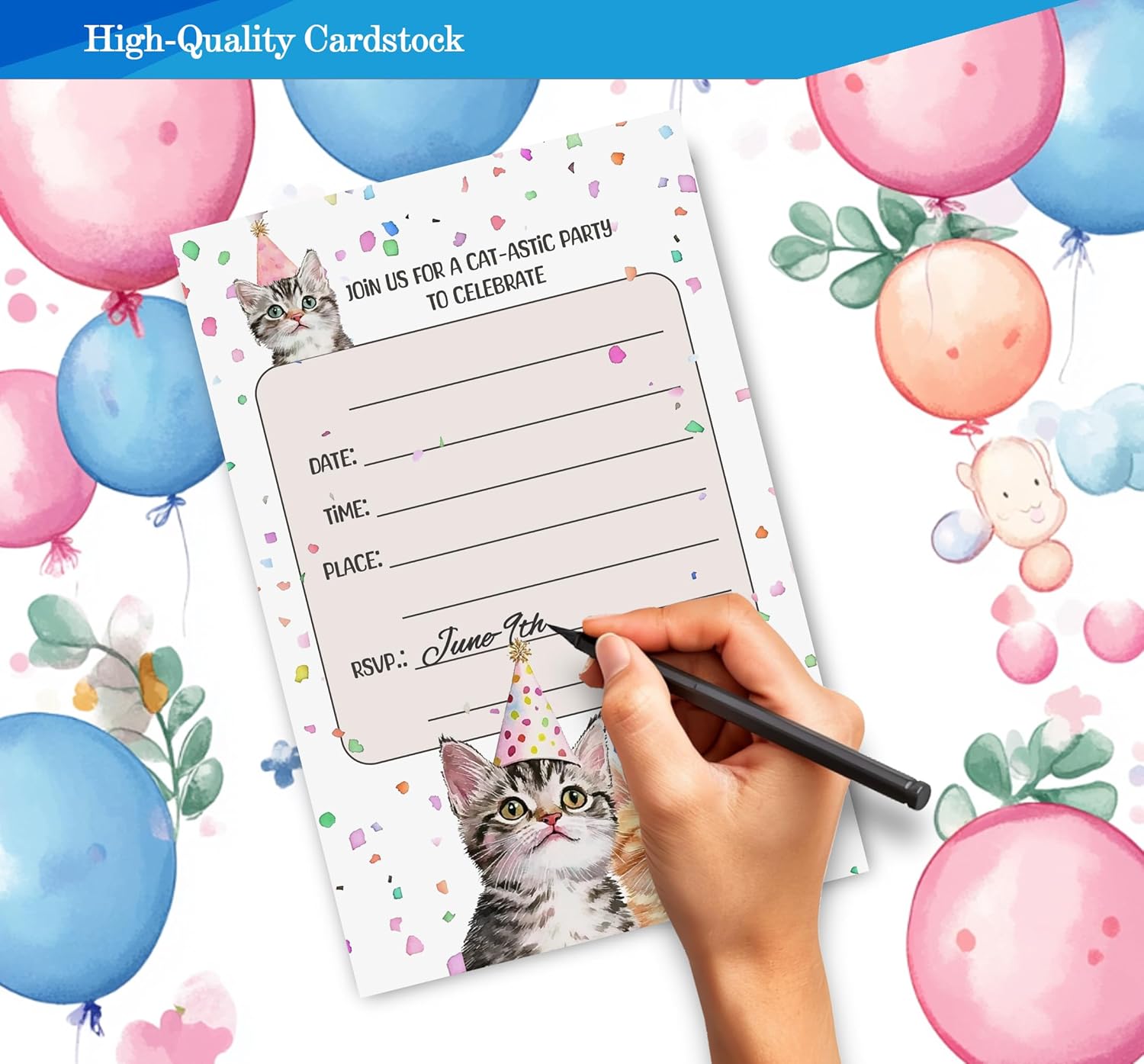 Cat Birthday Invitations 4x6 Inches 30 Sets with Envelopes