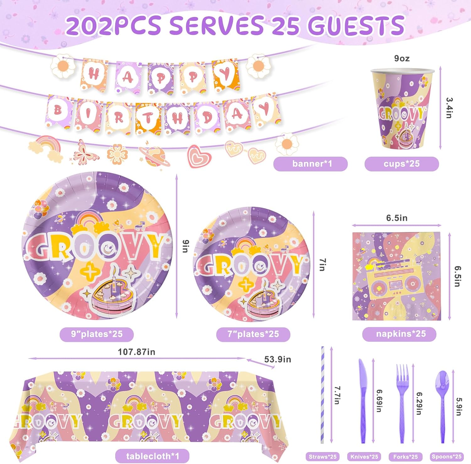 202 Pcs Groovy Party Decorations with Plates Napkins Tablecloth Banner
