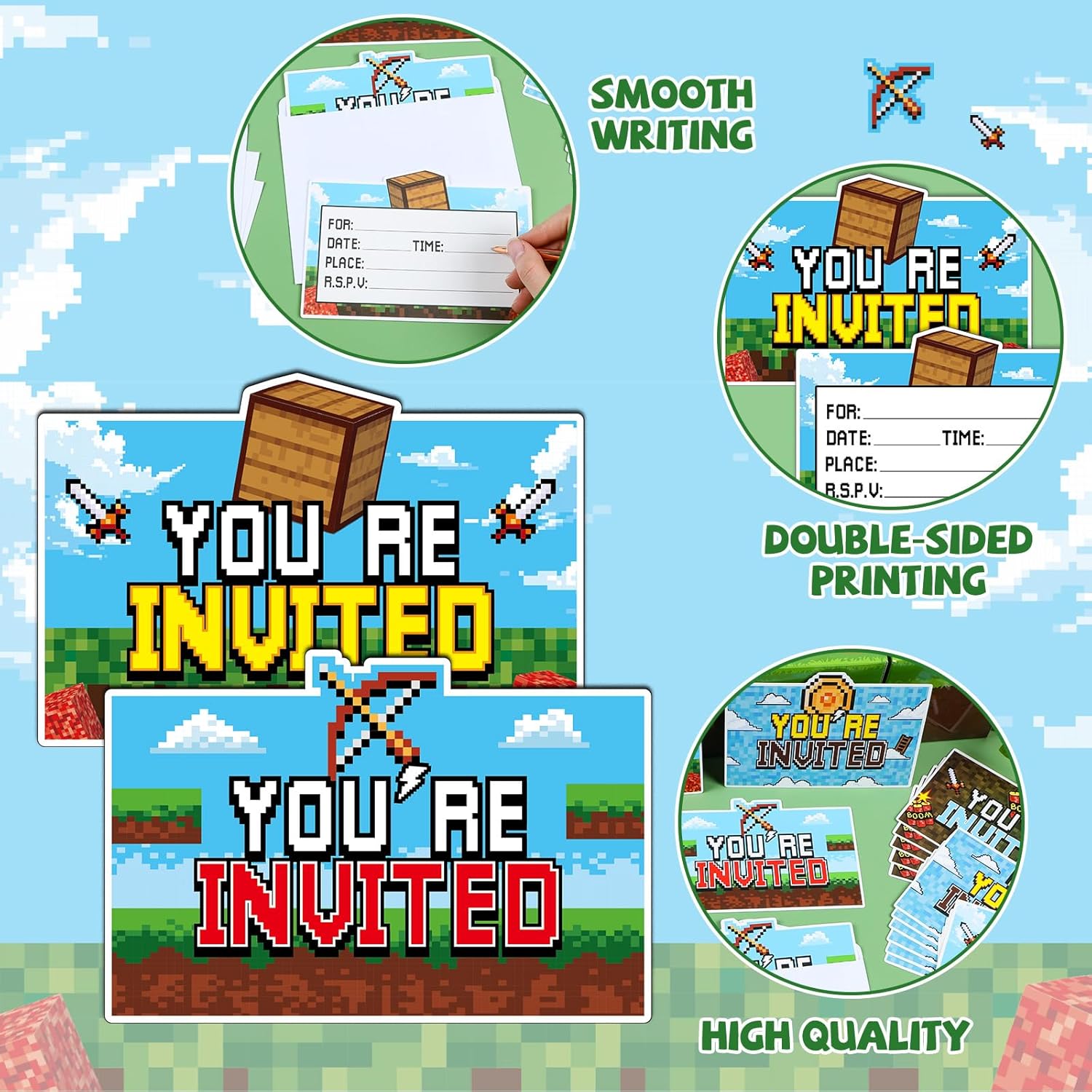 28 Piece Pixel Birthday Invite Set with Envelopes and Stickers