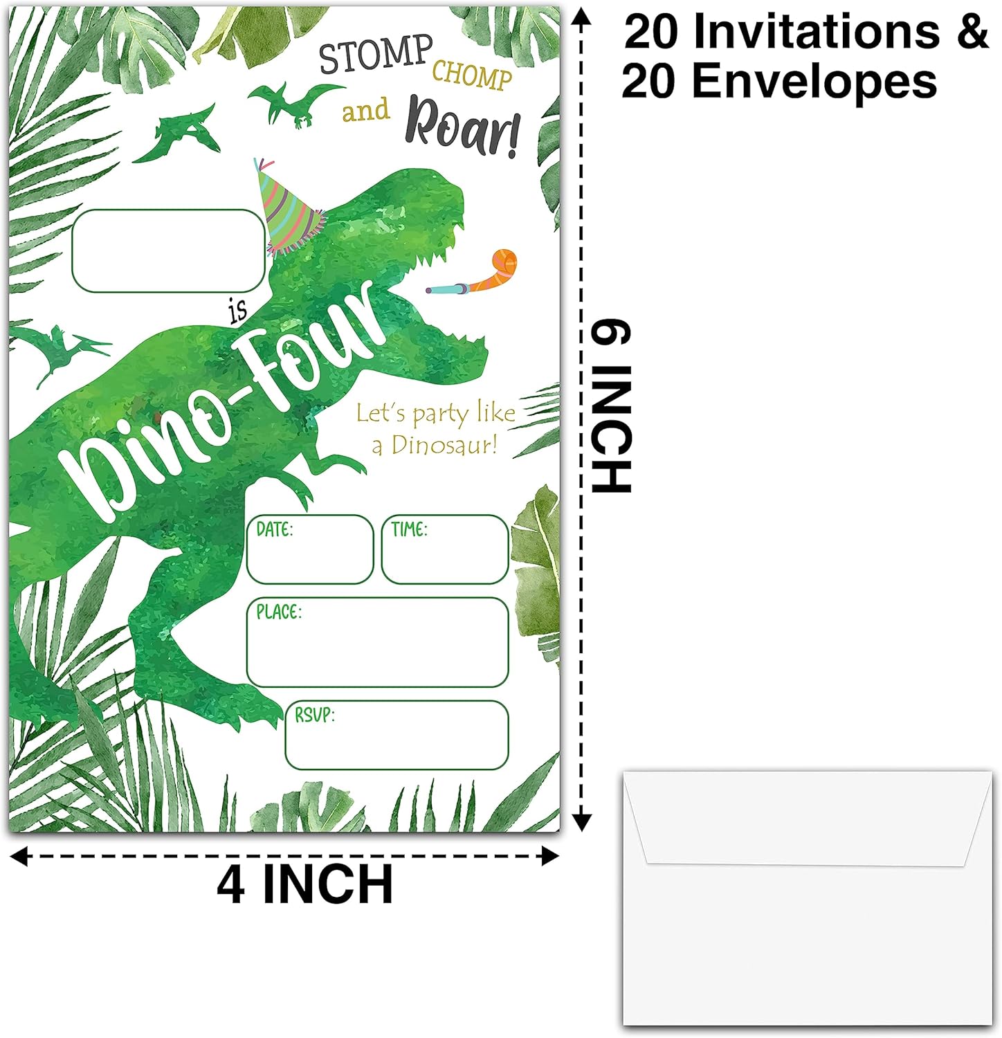 YSTEP 4th Birthday Invitations 4x6 Dinosaur Set