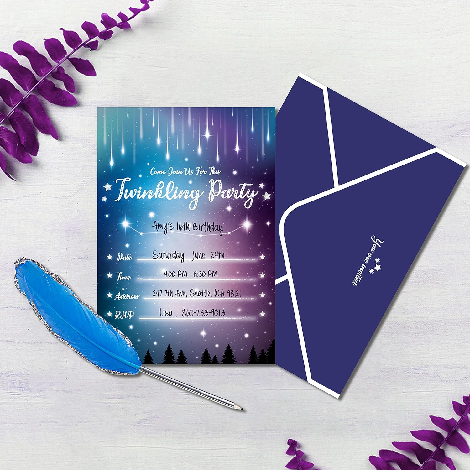Aurora Borealis Birthday Party Invitations with Starry Envelopes