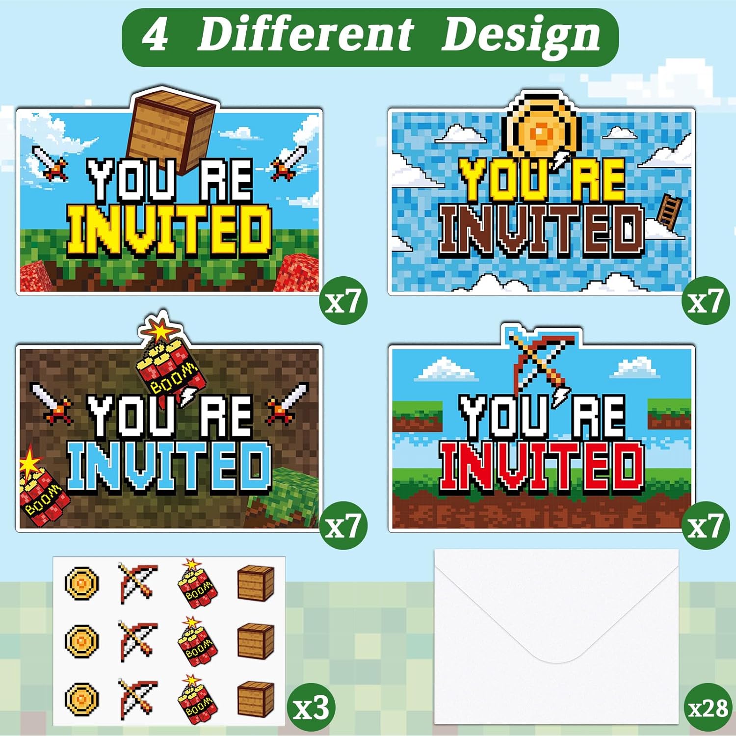 28 Piece Pixel Birthday Invite Set with Envelopes and Stickers
