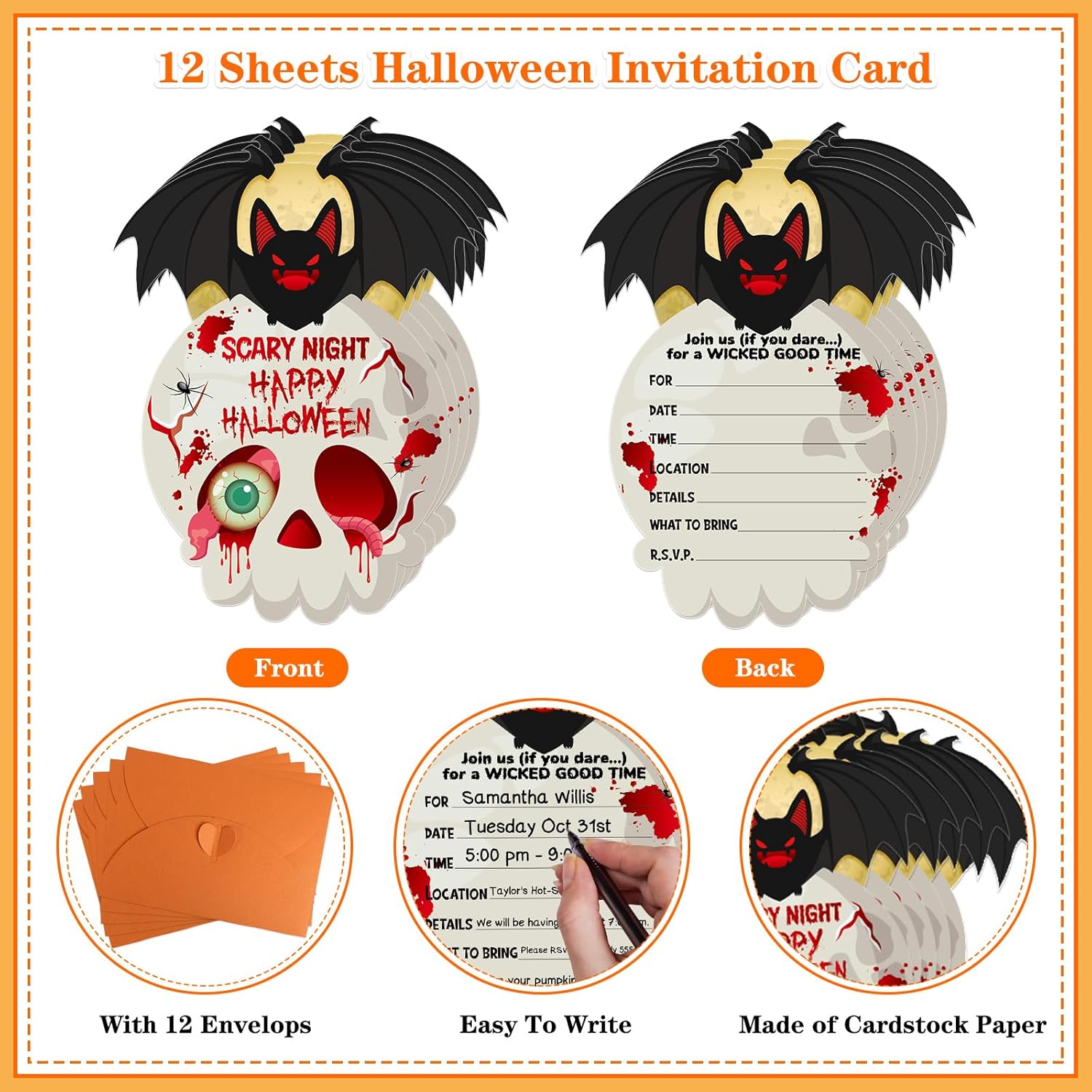 WhatSign Halloween Party Invitations Cards 12PCS Scary Bat with Envelopes