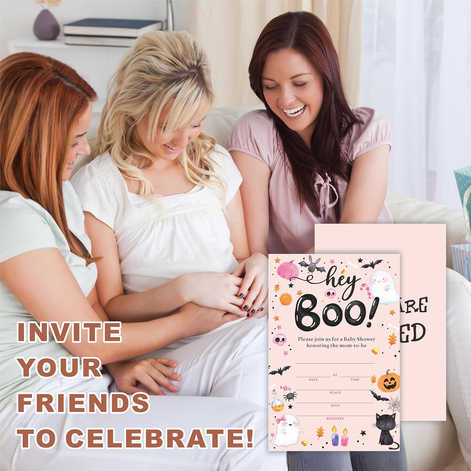 Hey Boo Halloween Baby Shower Invites Cards Set