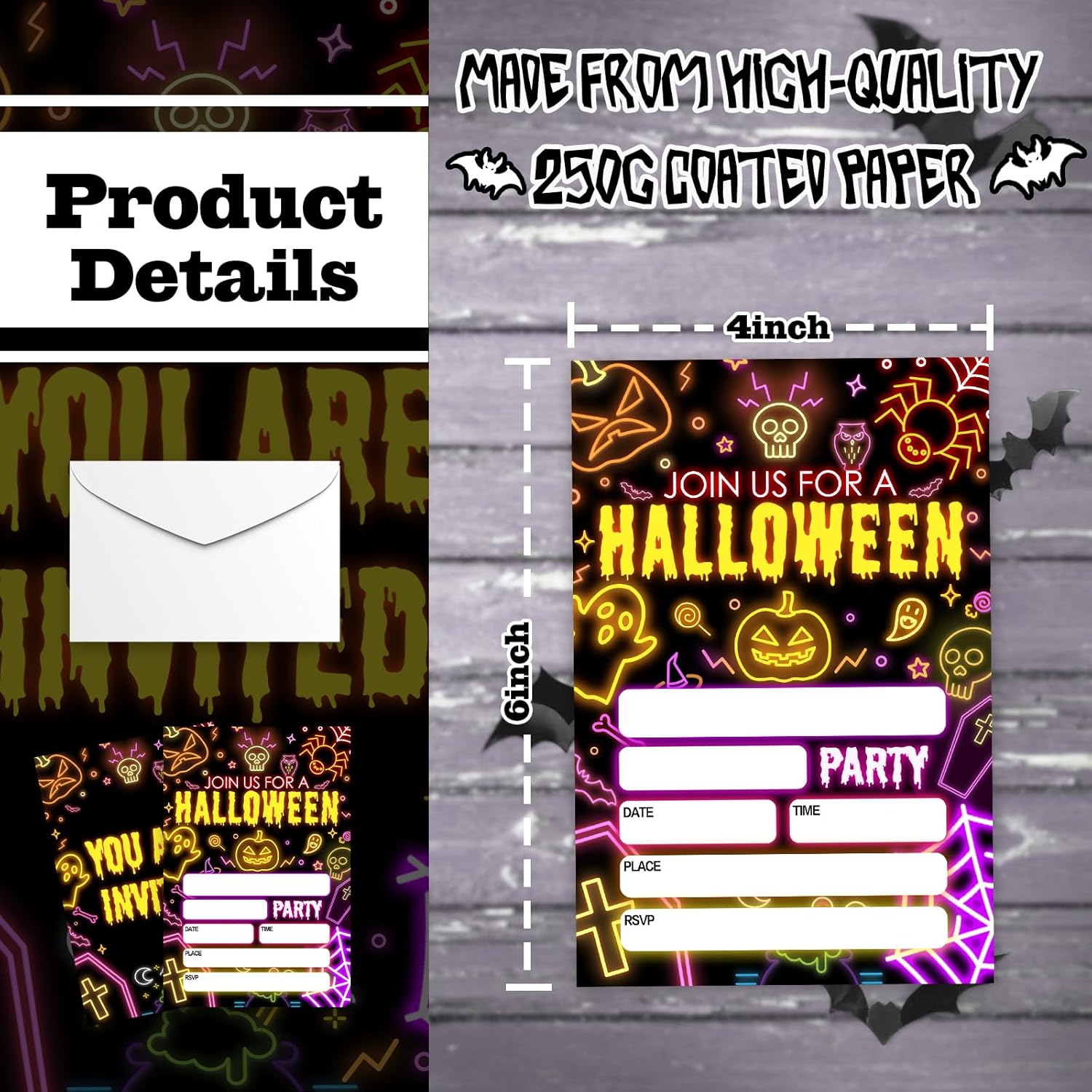 4 x 6 Laser Halloween Party Invitations Neon Style