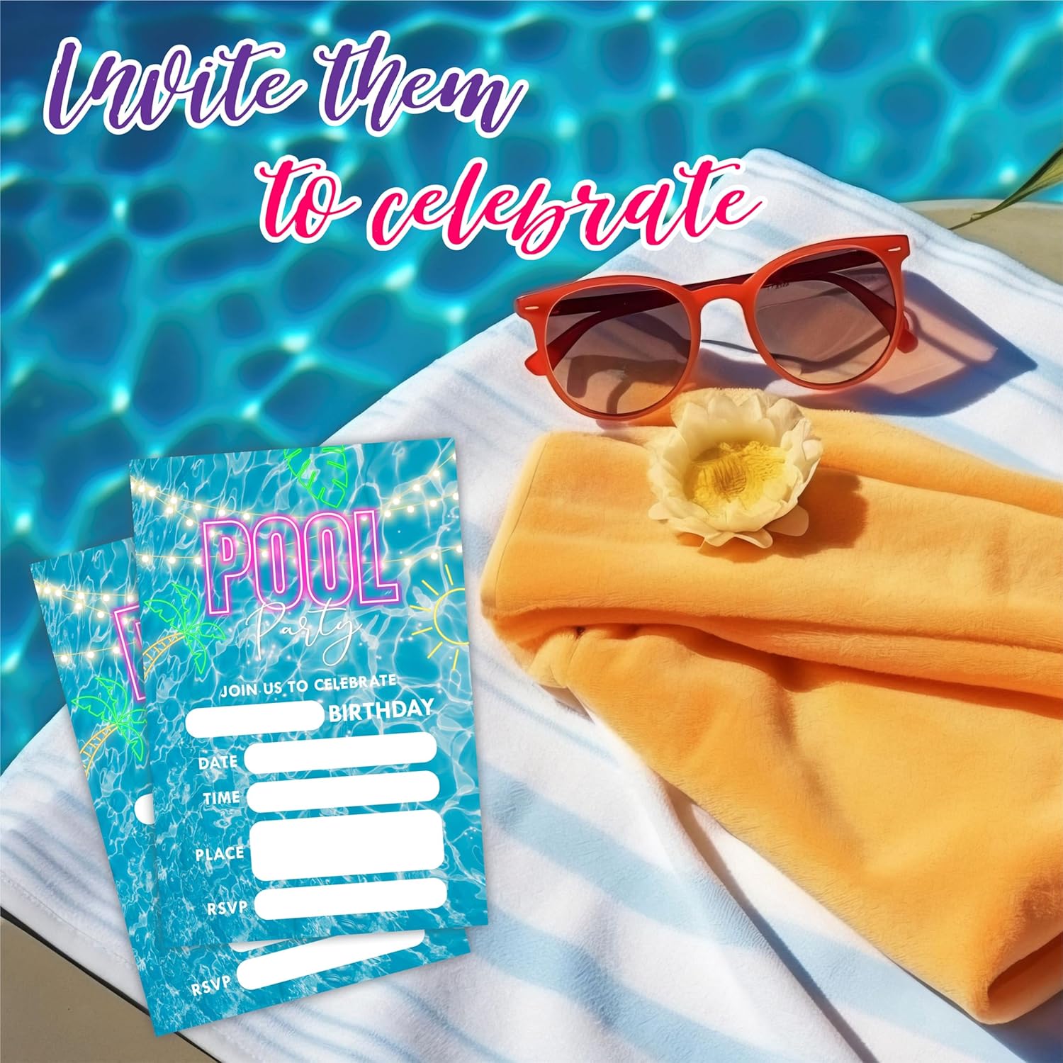 Pool Party Birthday Invitations 4x6 Glow Neon Water Double Sided