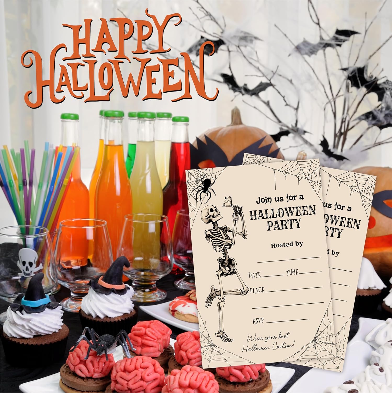 EXW Halloween Party Invitations With Envelopes - Retro Skeleton Spiderwebs - 20 Set