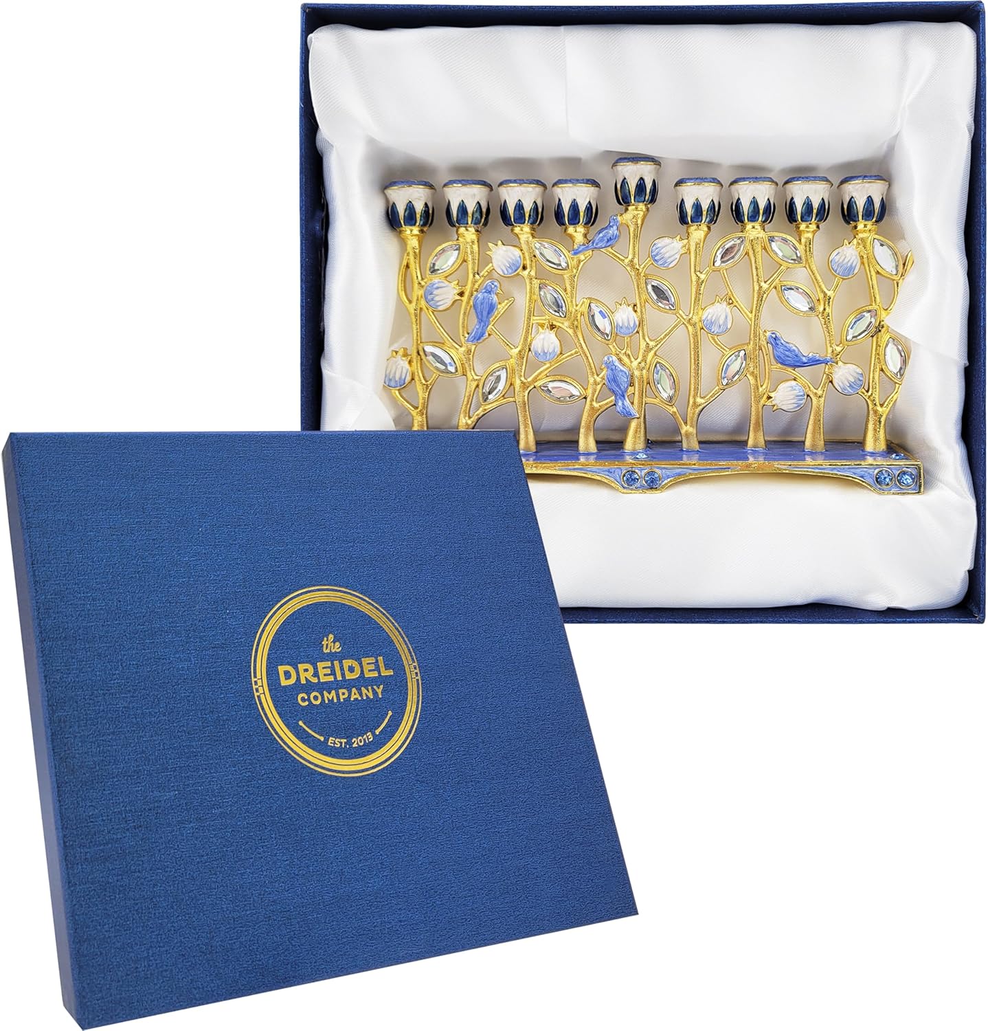 The Dreidel Company Hanukkah Menorah with Pomegranate and Blue Bird Design