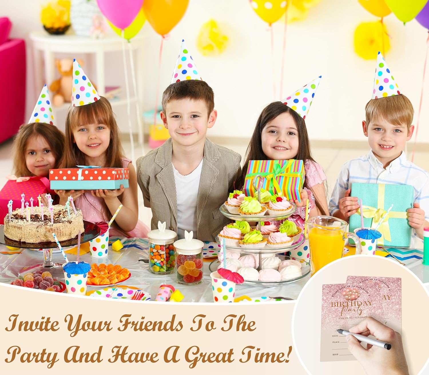 Pink Glitter Birthday Invites Cards with Envelopes - 20PCS