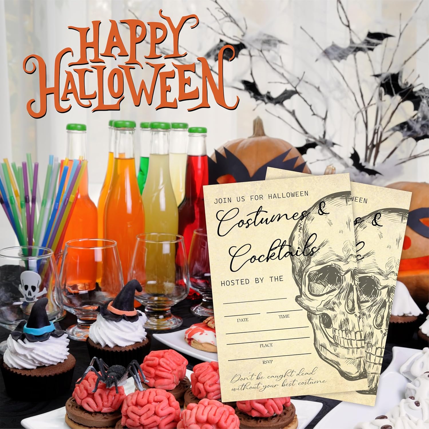 Halloween Party Invitations With Envelopes - Retro Skulls Design - 20 Set