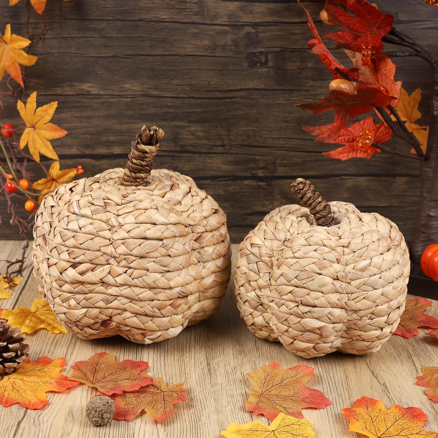 Winemana 2 Pack Beige Woven Pumpkin Decorations