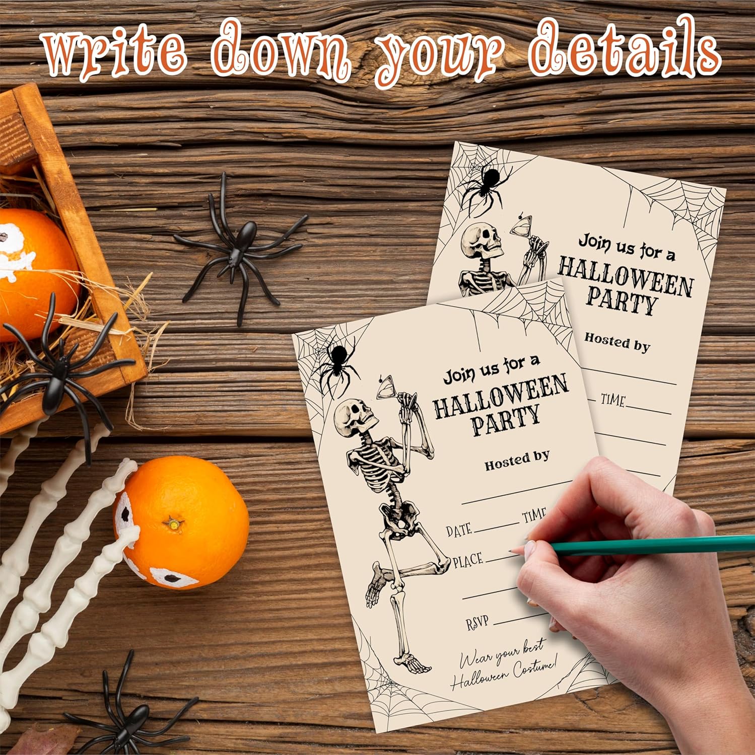 EXW Halloween Party Invitations With Envelopes - Retro Skeleton Spiderwebs - 20 Set
