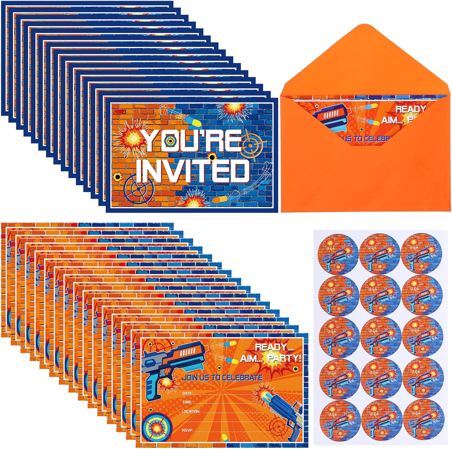 30 Pcs Dart Party Invitations with Gun Stickers