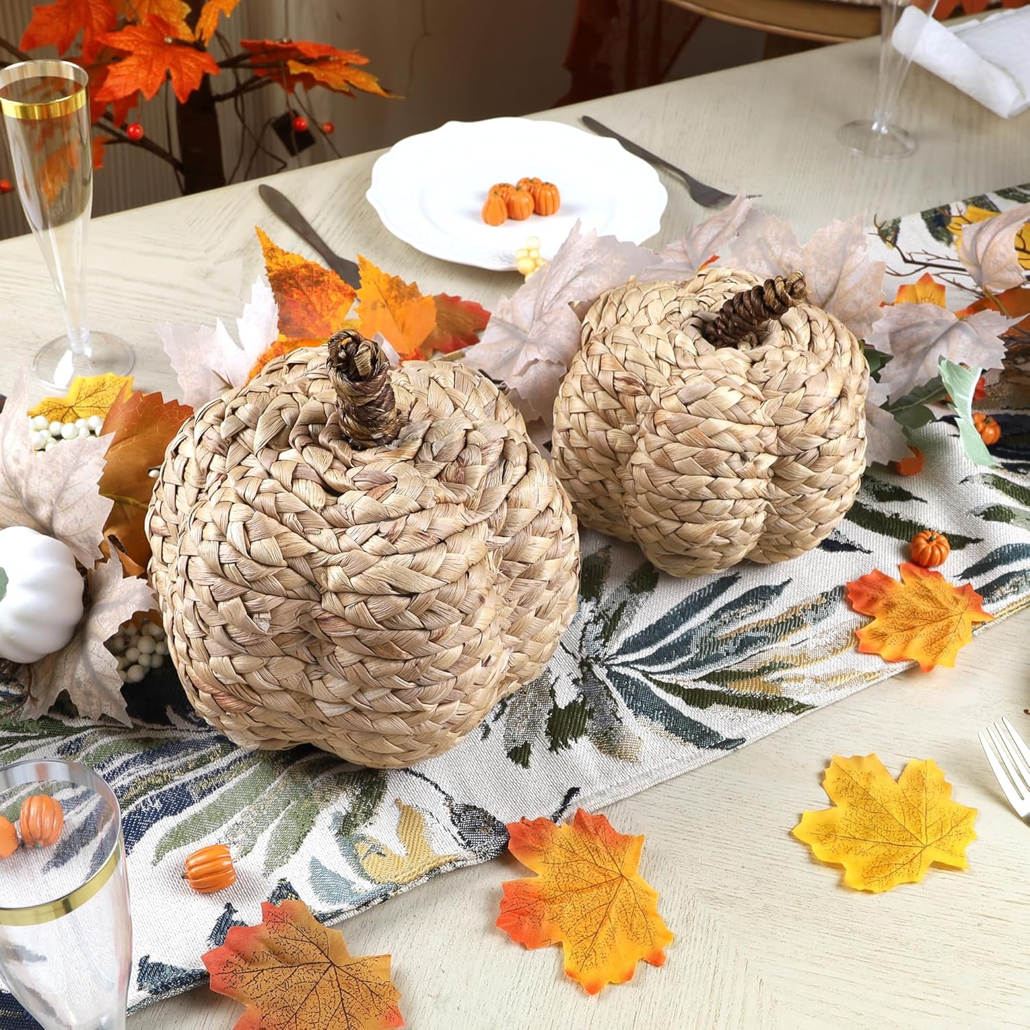 Winemana 2 Pack Beige Woven Pumpkin Decorations