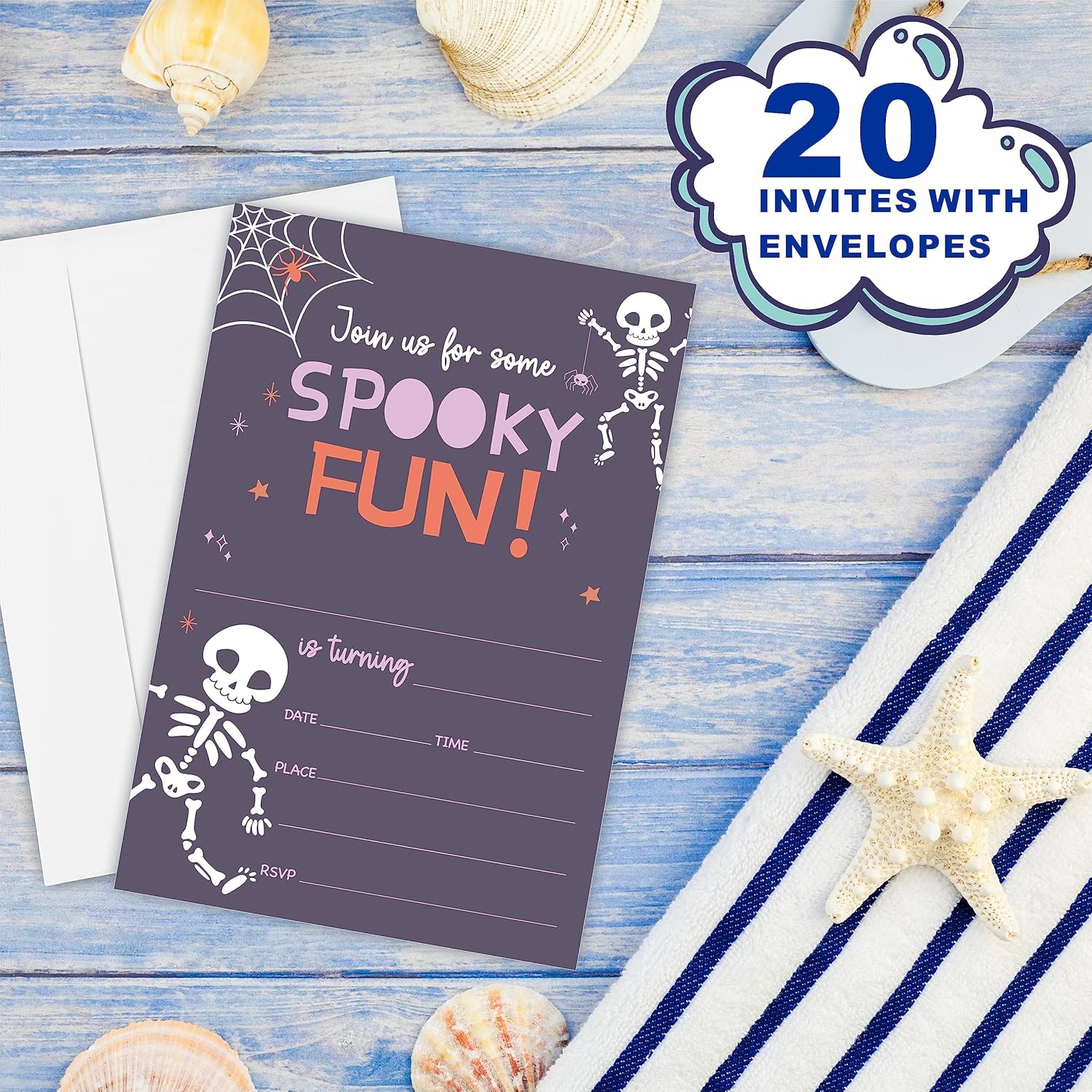 Halloween Birthday Invites with Skull and Cobweb Design
