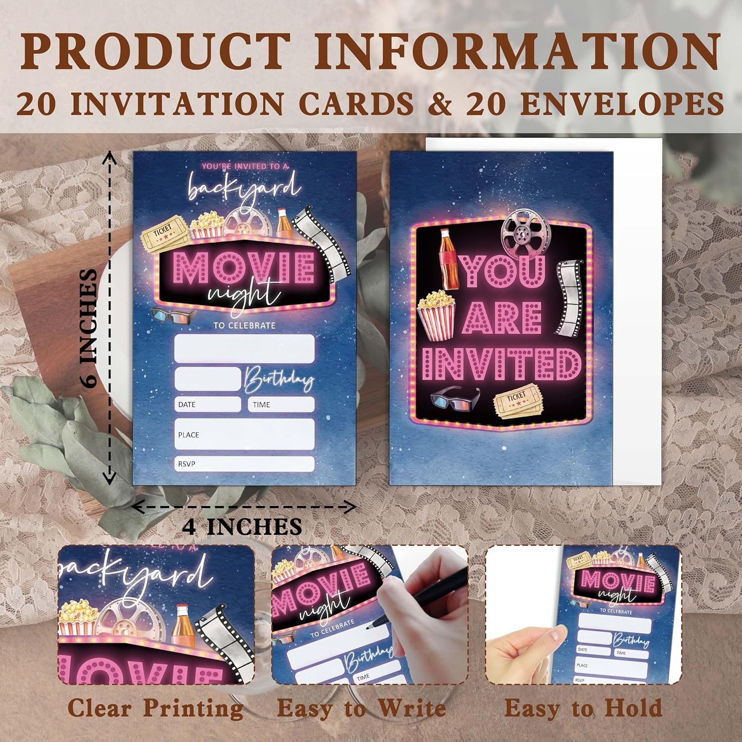 Movie Night Birthday Invitations 20 PCS with Envelopes