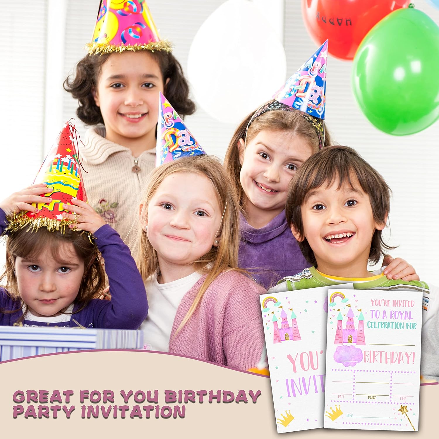 Pink Princess Castle Birthday Invitations with Envelopes Set of 20