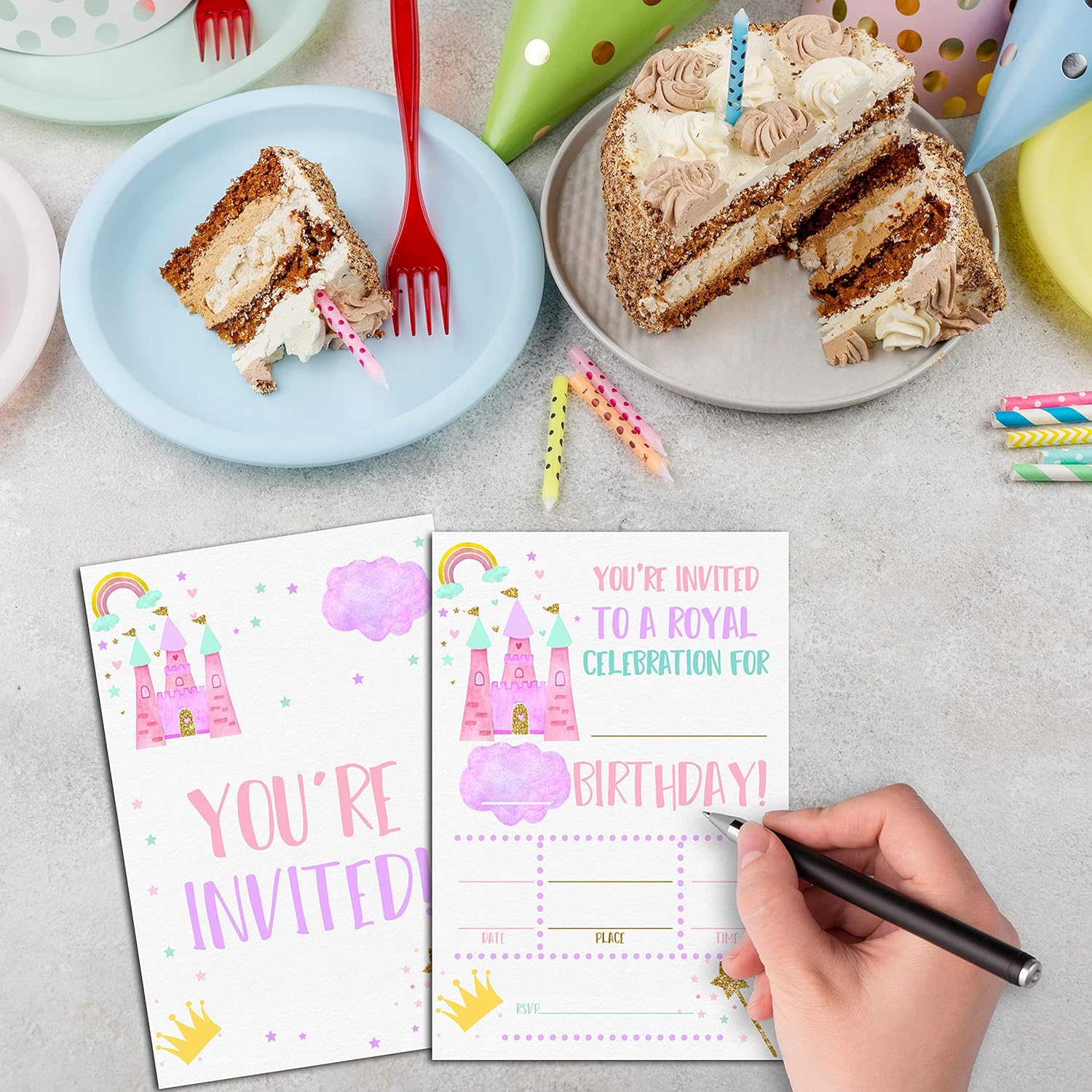Pink Princess Castle Birthday Invitations with Envelopes Set of 20