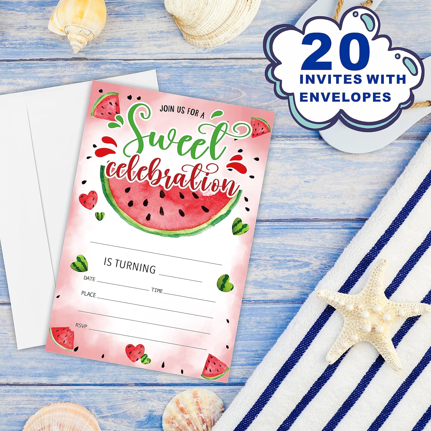 Watermelon Birthday Invitations - 20 Cards With Envelopes