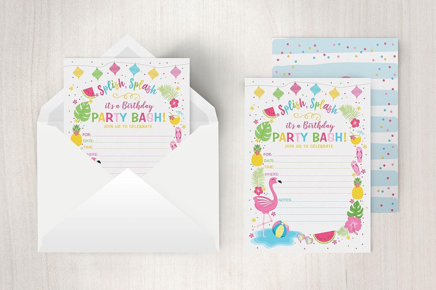 Flamingo Birthday Invite - Summer Pool Party Print - 20 Fill-In Invitations