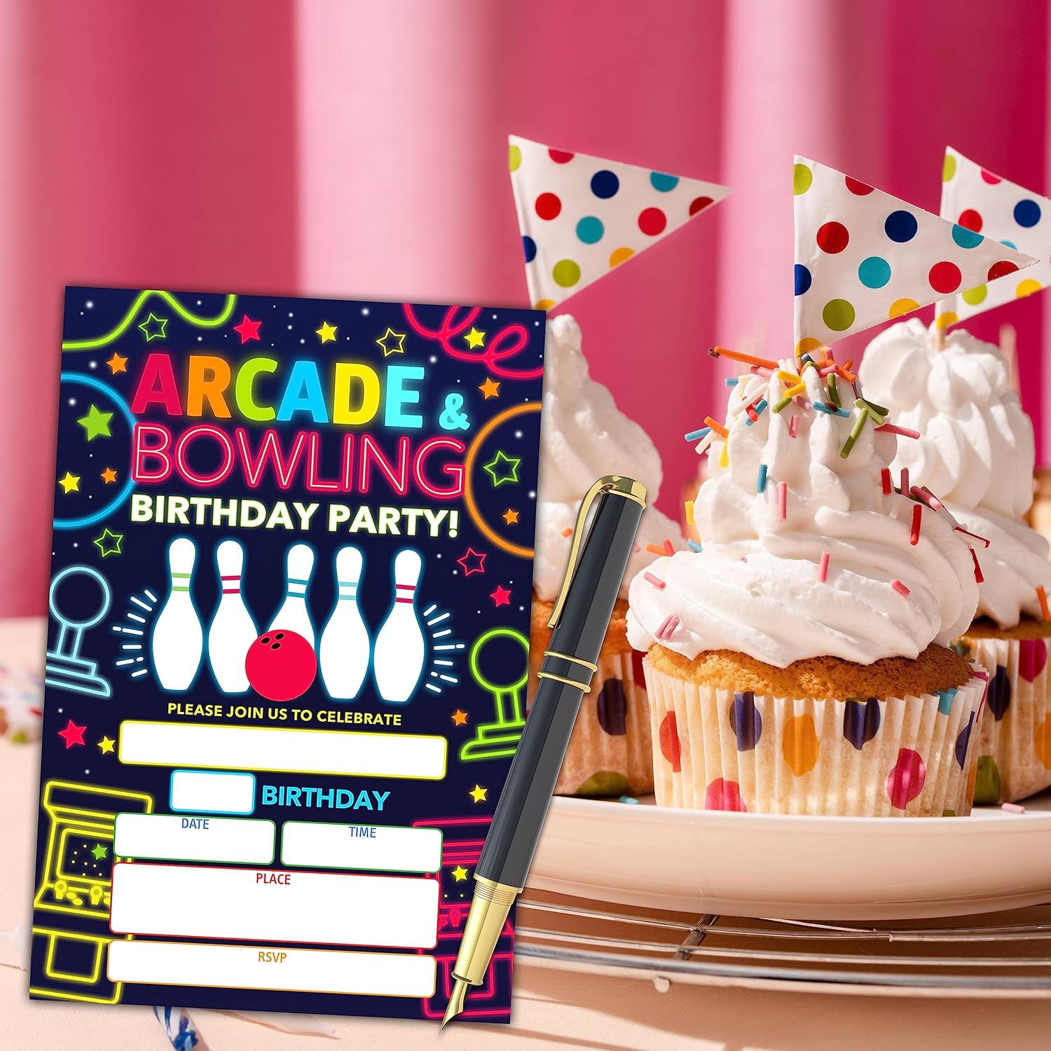 KFNER Neon Glow Arcade Bowling Birthday Invitations Set of 20