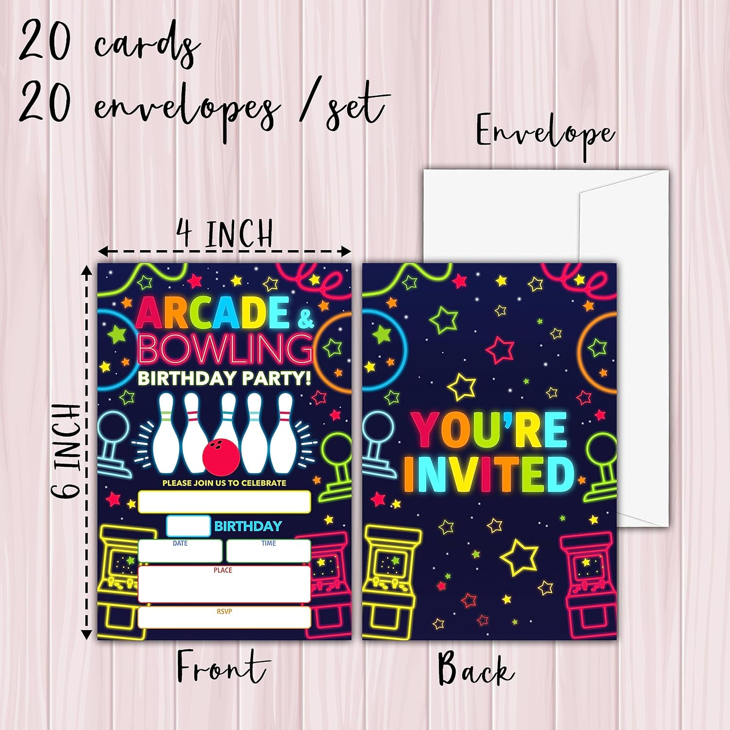 KFNER Neon Glow Arcade Bowling Birthday Invitations Set of 20