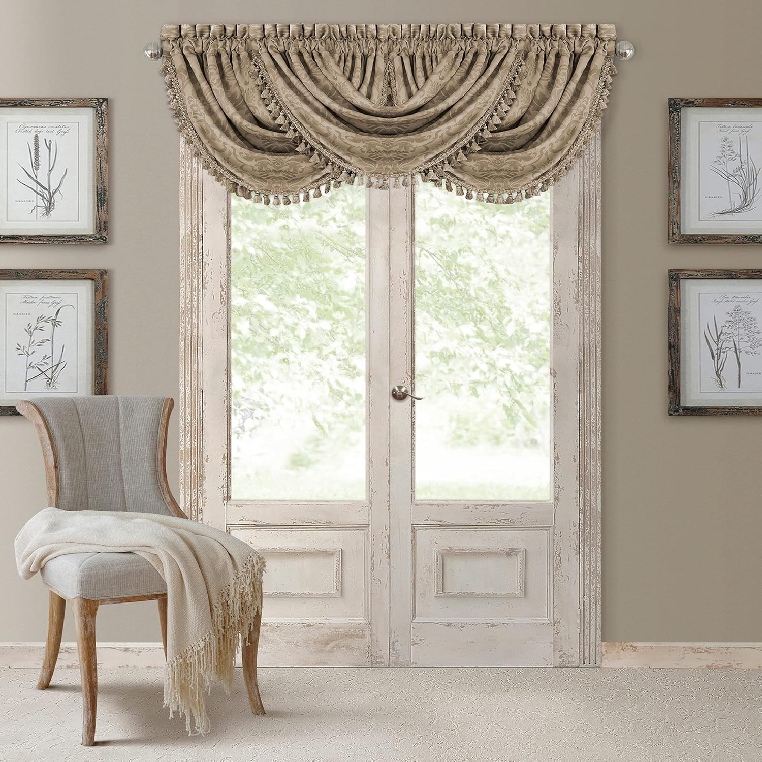 Elrene Antonia Floral Damask Window Valance with Tassels 52x36 Taupe