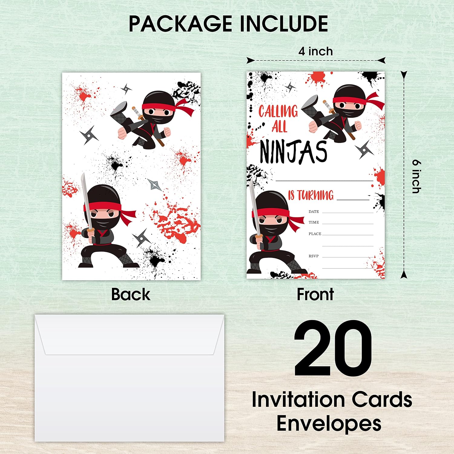 Ninja Warrior Birthday Invites With Envelopes Set of 20