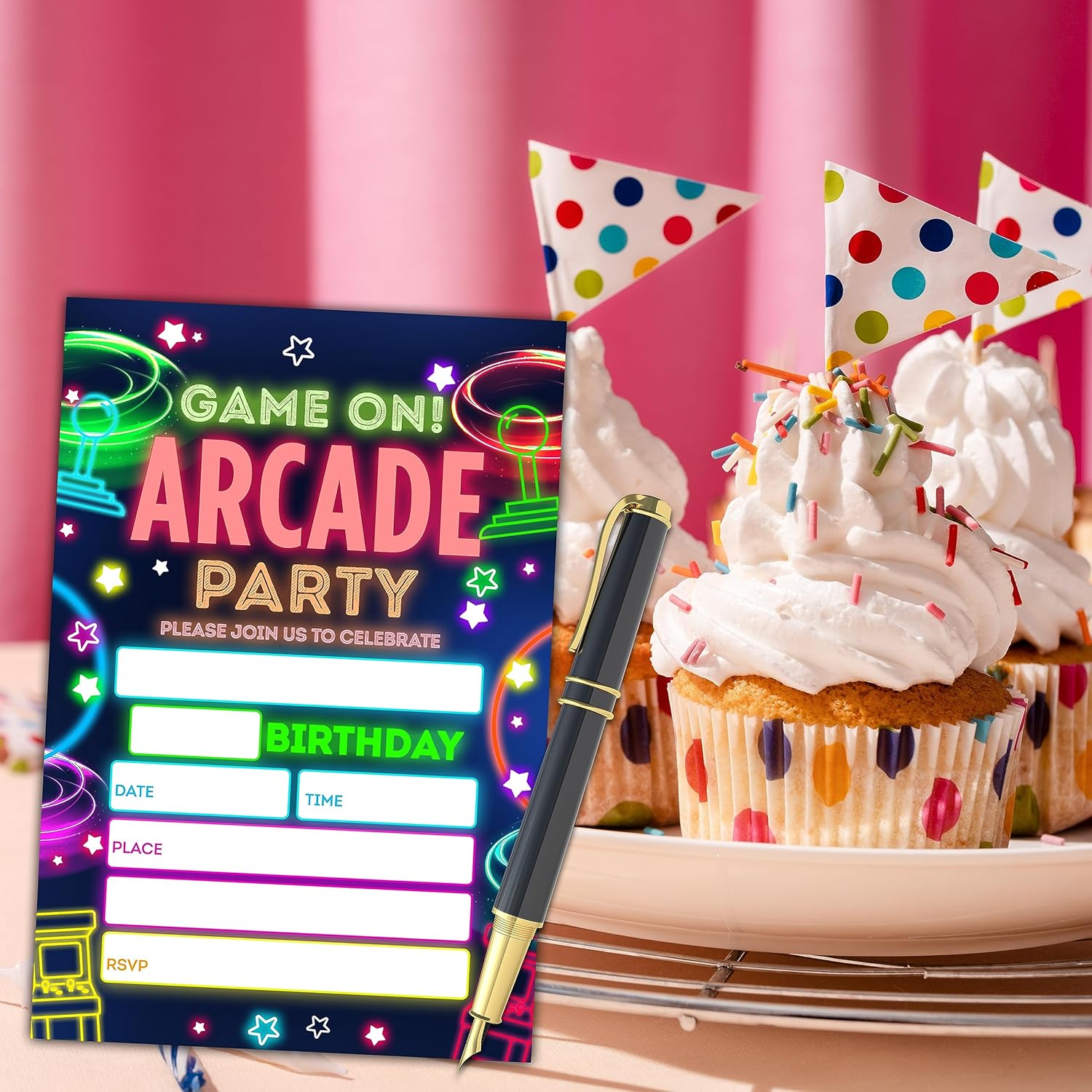 Video Game Birthday Invitations Neon Glow 20 Set